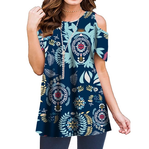 JustVH Women's Cold Shoulder Short Sleeve Casual Tunic Tops Loose Blouse Shirts