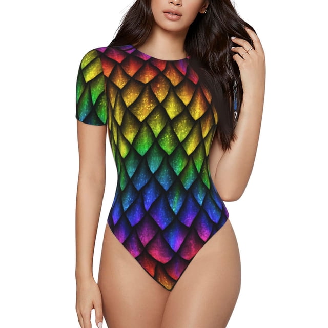 Fotbe Dragon Scales Body de Mujer con Cuello Redondo y Mangas Cortas, Sin Mangas Ajustado, Suave, Cómodo y Básico-Small