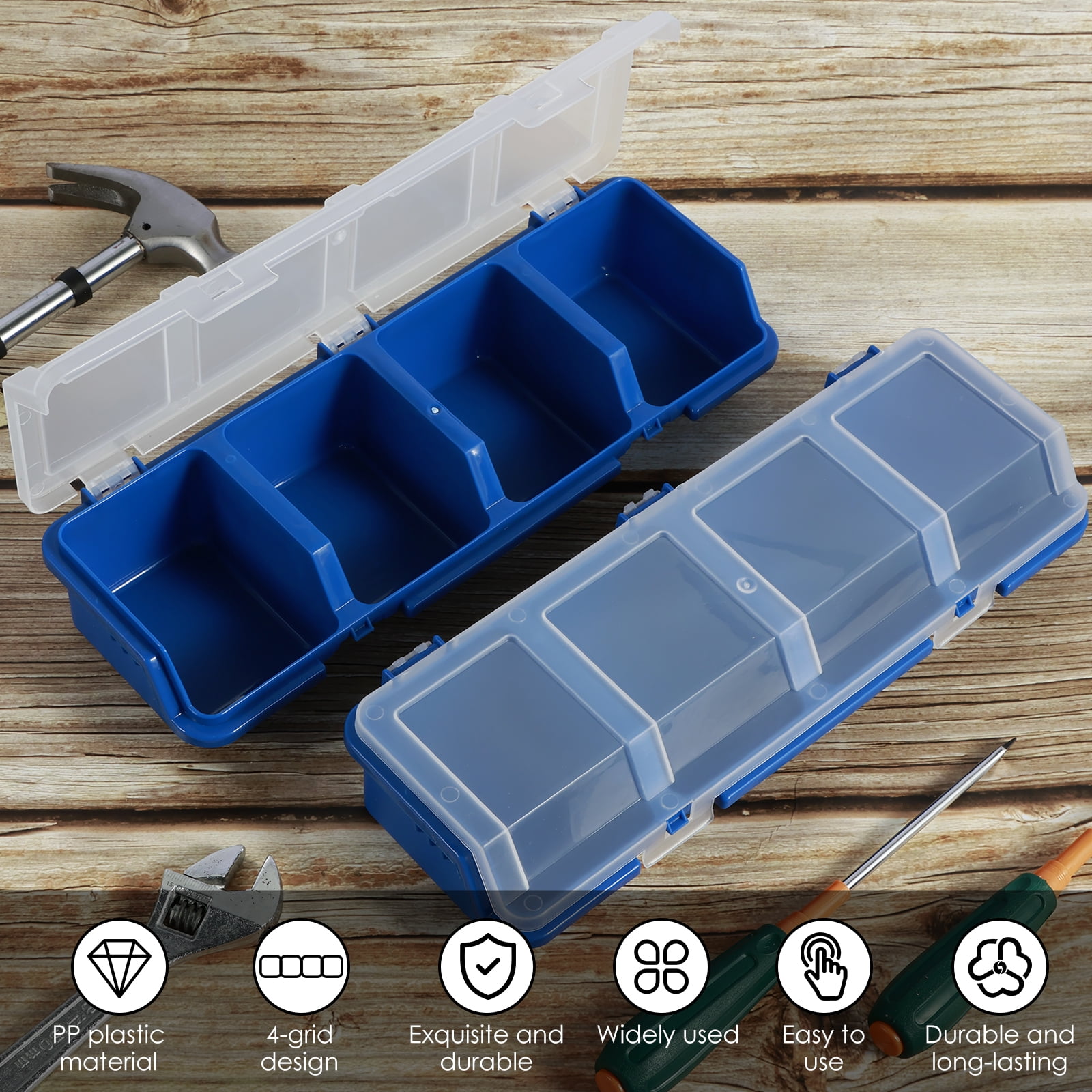 Grusce 4Pcs Parts Storage Box Plastic Screw Organizer Box with 4 Compartment Small Tool Part Container Bin with Lid and Lock Durable Divided Hardware Storage Bin for Garage Workshop