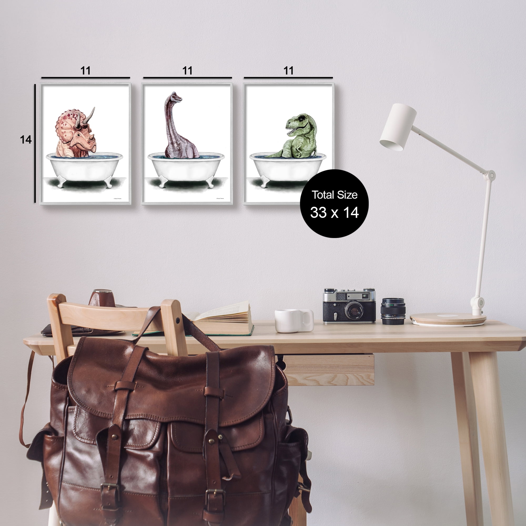 Stupell Fun Dinosaurs Bathroom Tubs Animals & Insects Painting Gray Framed Art Print Wall Art, Set of 3