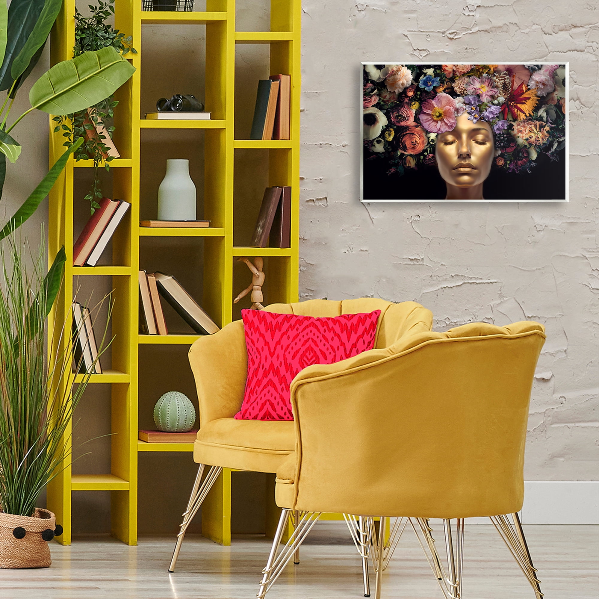 Stupell Industries Gold Face with Flowers Plants & Flowers Painting Unframed Art Print Wall Art, 19 x 13