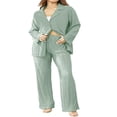 thumbnail image 3 of Women‘s Lounge Set  Textured Solid Color Long Sleeve Shirts Tops and Pants, 3 of 9