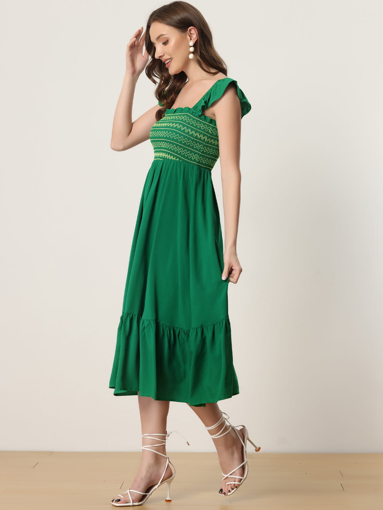 DARING DIVA Square Neck Boho Sleeveless Ruffle Tiered Smocked Sundress S Green