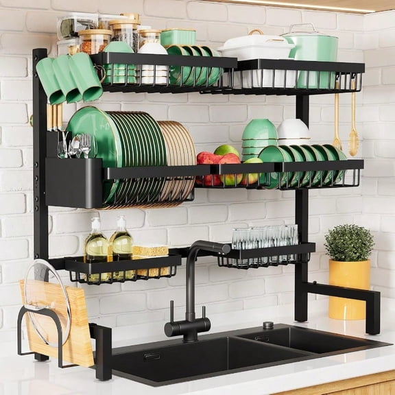 Over The Sink Dish Drying Rack 31.5 To 39.4 X 30.3 Adjustable Sink Drying Rack For Kitchen Sink With Multifunctional Baskets Black