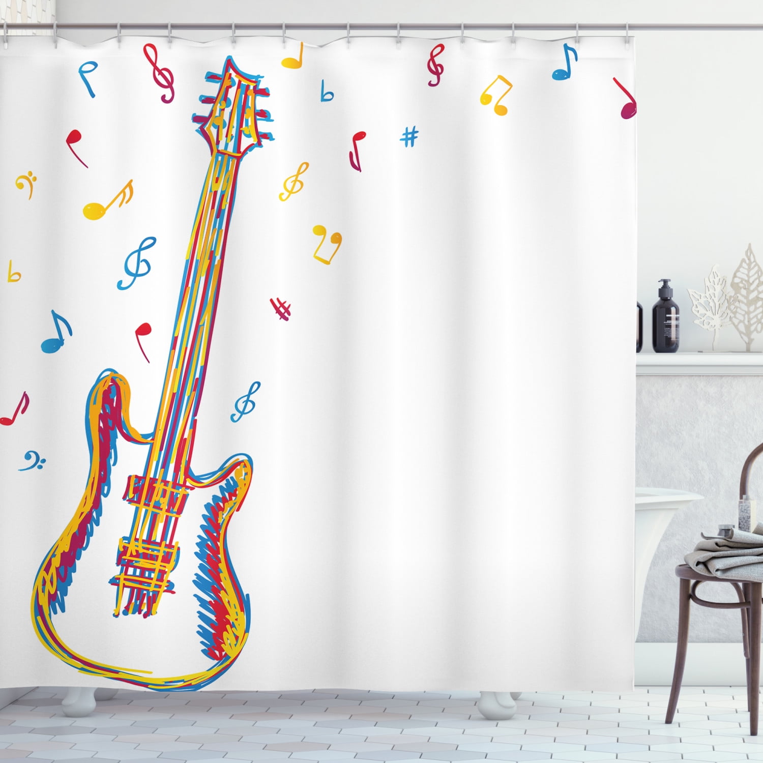 Music Shower Curtain, Doodle Style Illustration of Guitar Instrument