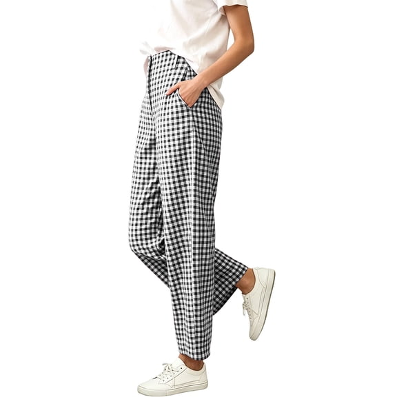Oiangi Gingham Pants for Women High Waist Barrel Pant Fall Trendy Vacation Baggy Trousers with Pockets Black XL