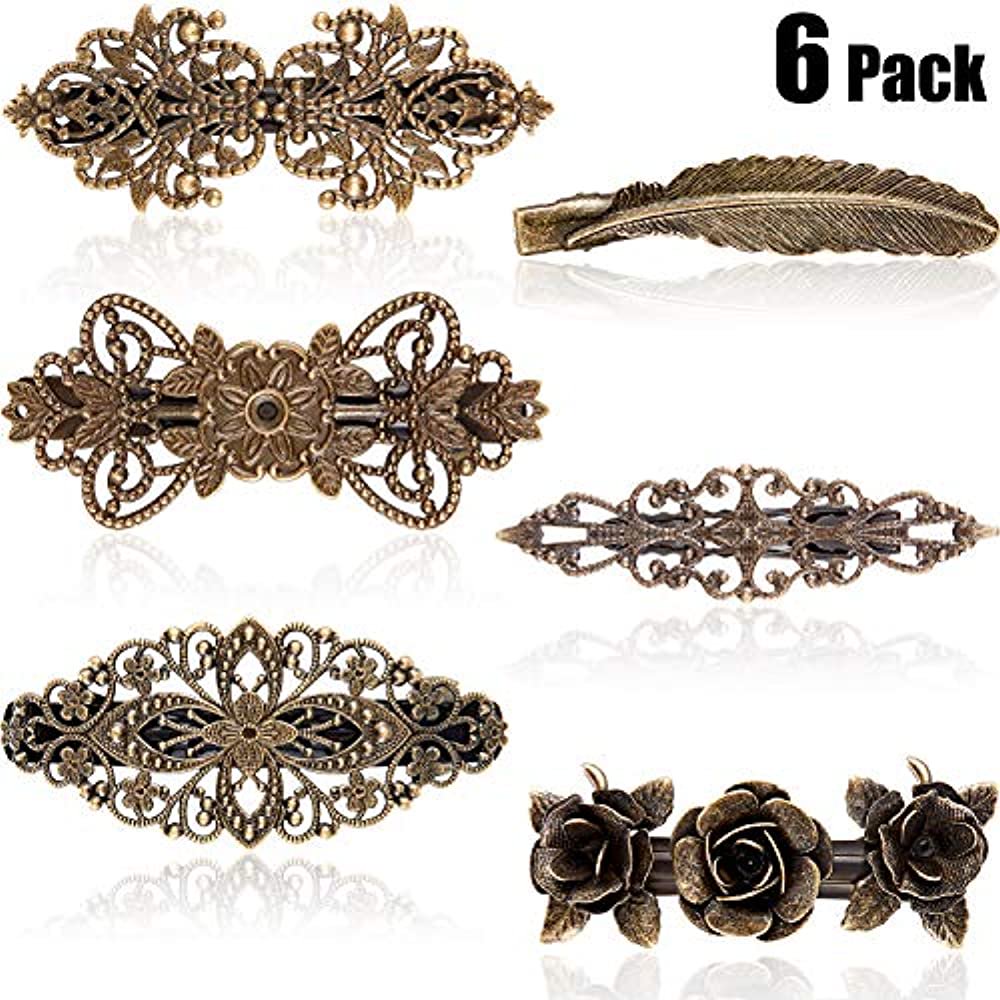 6 Pieces Vintage Hairpin Set Metal Brass Color French Barrettes Retro
