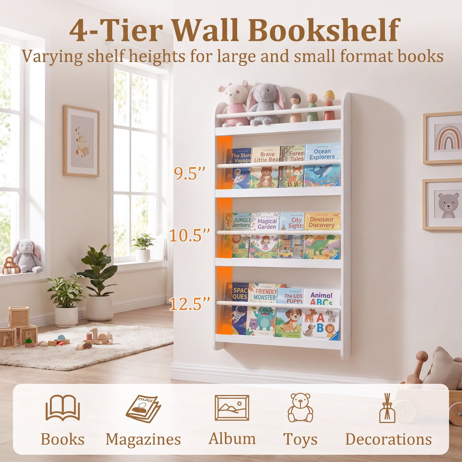 Furnibear 4-Tier Bookshelf Organizer for Toys and Books with Basswood Crossbar for Living Room Home Office Bedroom Display Storage Shelf, White