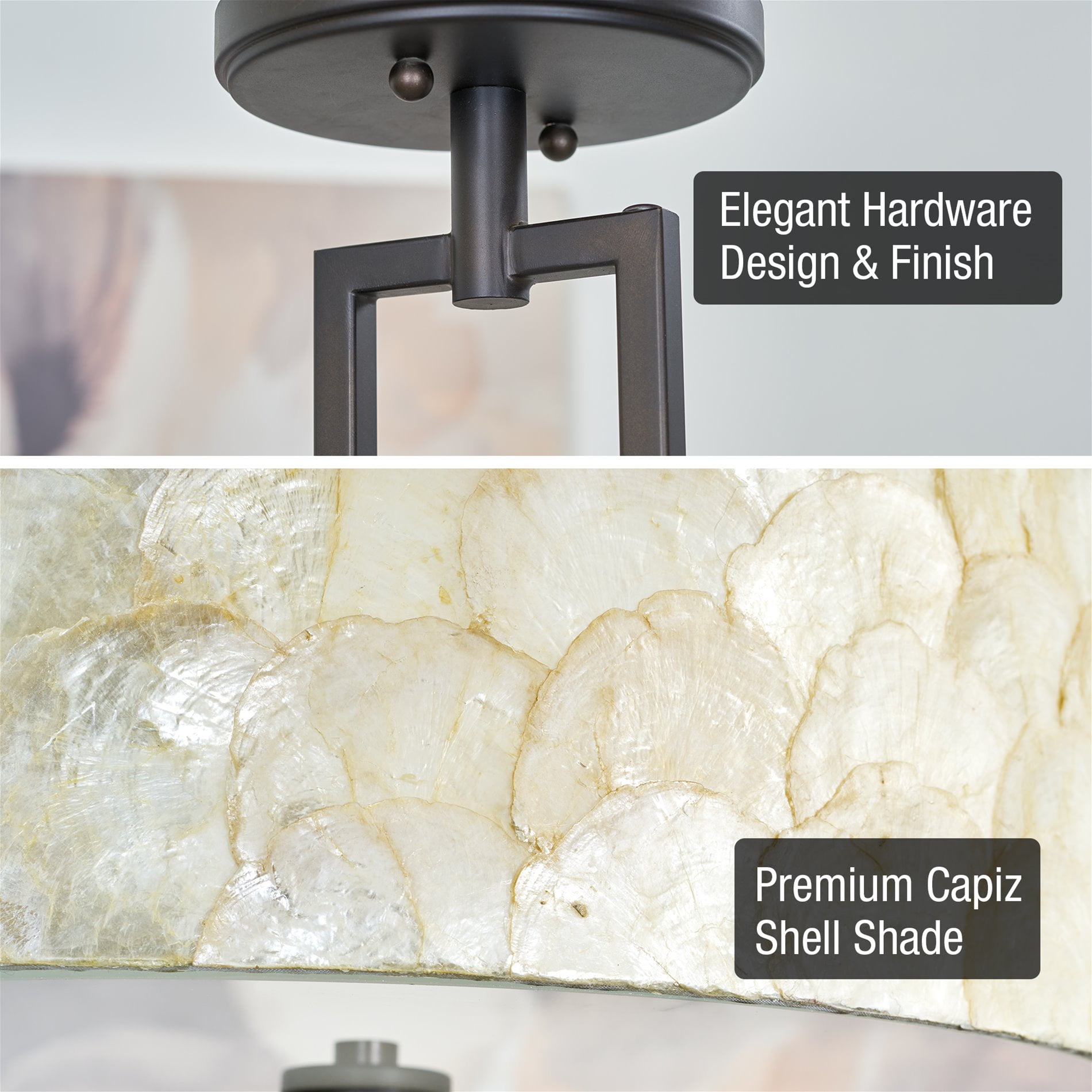 Kira Home Cove 15" Natural Capiz Shell Semi-Flush Mount Ceiling Light, Coastal 3-Light Drum, Oil Rubbed Bronze