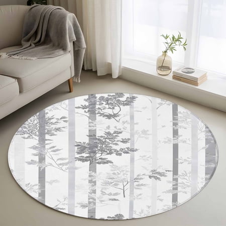 Round Rugs 3Ft Grey Forest Striped Round Area Rug Washable Indoor Throw Carpet Gray Ombre Tree Branches Small Non Slip Circle Rug for Bedroom Living Room Home Decor Aesthetic