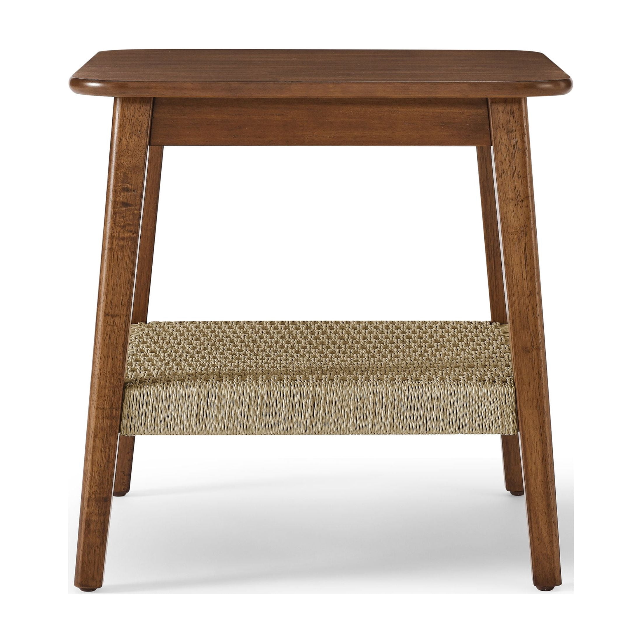 GDF Studio 23" Mid-Century Modern Side Table with Woven Storage Shelf, Solid Wood, Dark Walnut