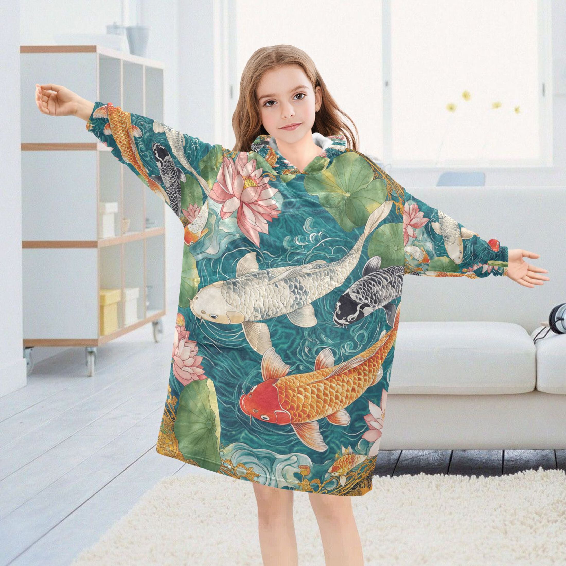 YAZAOO Kids Wearable Blanket Hoodie Warm and Cozy Koi Harmony Flannel Sweatshirt