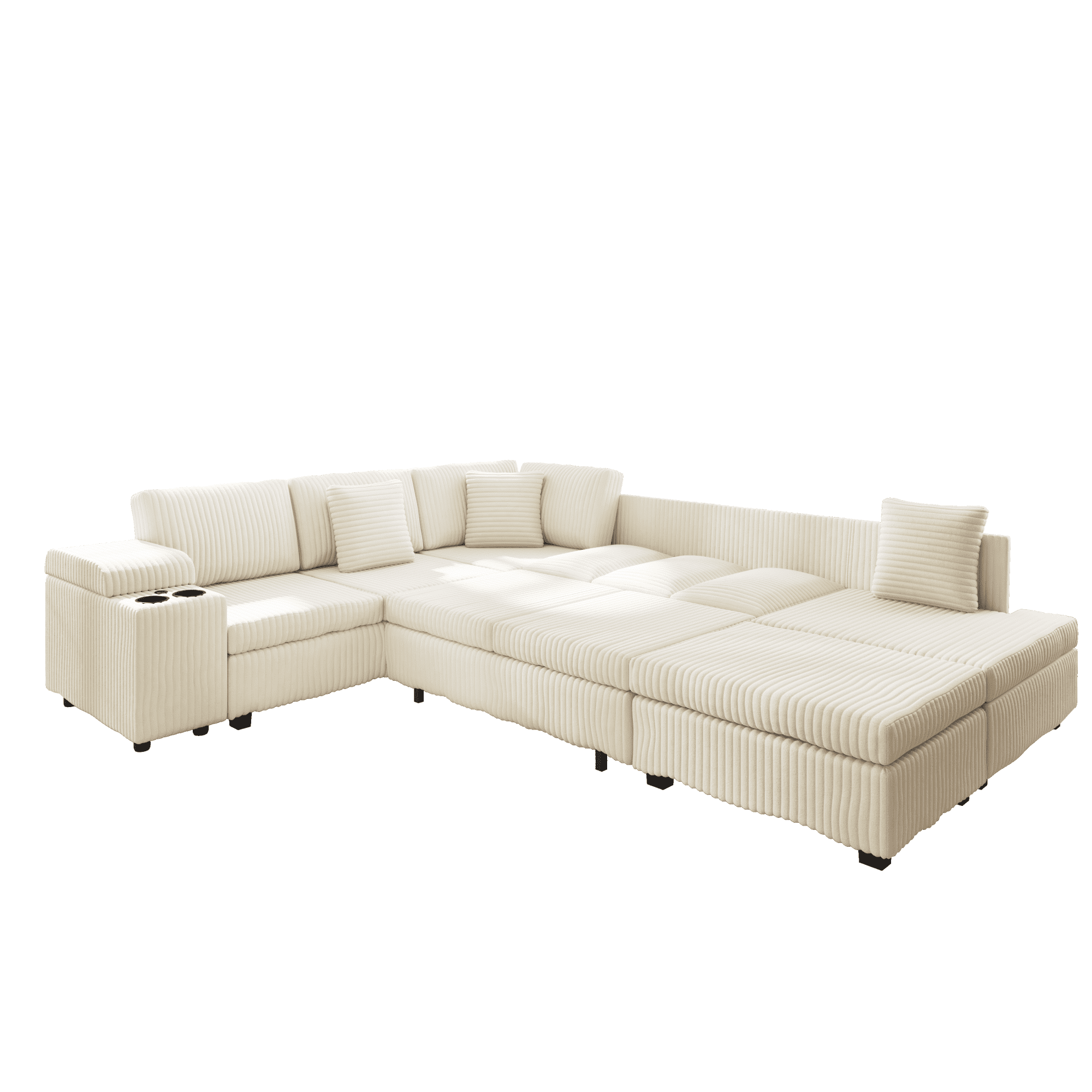 110.2" L-Shaped Sectional Sofa with Removable Ottoman, Covertible Sleeper Sofa with Hidden Armrest Storage, USB Ports & Cup Holders, Plush Corduroy Convertible Couch for Living Room, Apartment