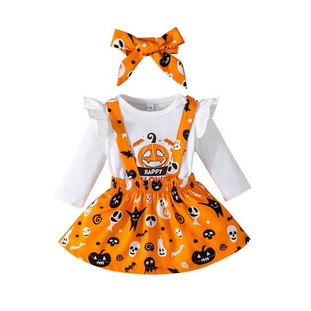 

Emmababy Adorable Baby Pumpkin Print Romper and Ghost Skull Print Skirt Headband Sets