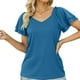thumbnail image 2 of Camiseta de manga corta con volantes de Color puro para mujer, camiseta cómoda con cuello en V para mujer, camiseta de Color liso, 2 of 5