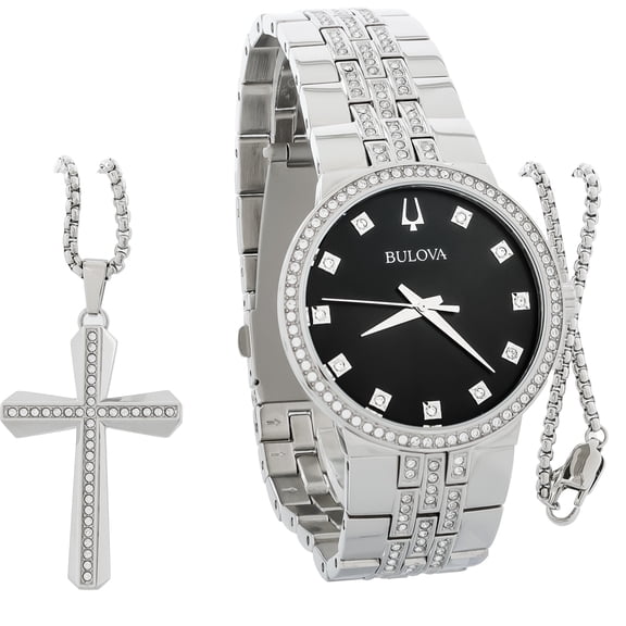 Bulova Men's Crystal Stainless Steel Black Dial Quartz Watch Set 96K110