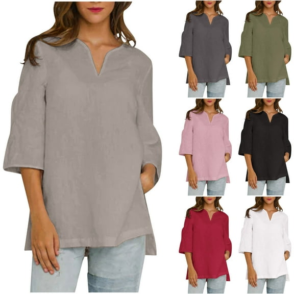 Summer Akafmk 3/4 Sleeve Shirts for Women,Summer Womens Cotton Linen Tunic Tops,Casual Solid Color V-neck Hem with Side Slit Short Sleeved Blouse
