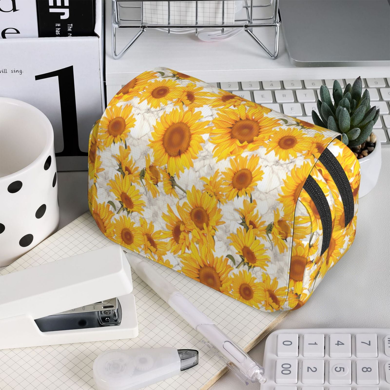 Rateoe White Marble Pattern Sunflower Pattern Double Clamshell Pen Case, Storage Organizer with Two Zipper Compartments– Holds Up to 50 Pencils & Pens