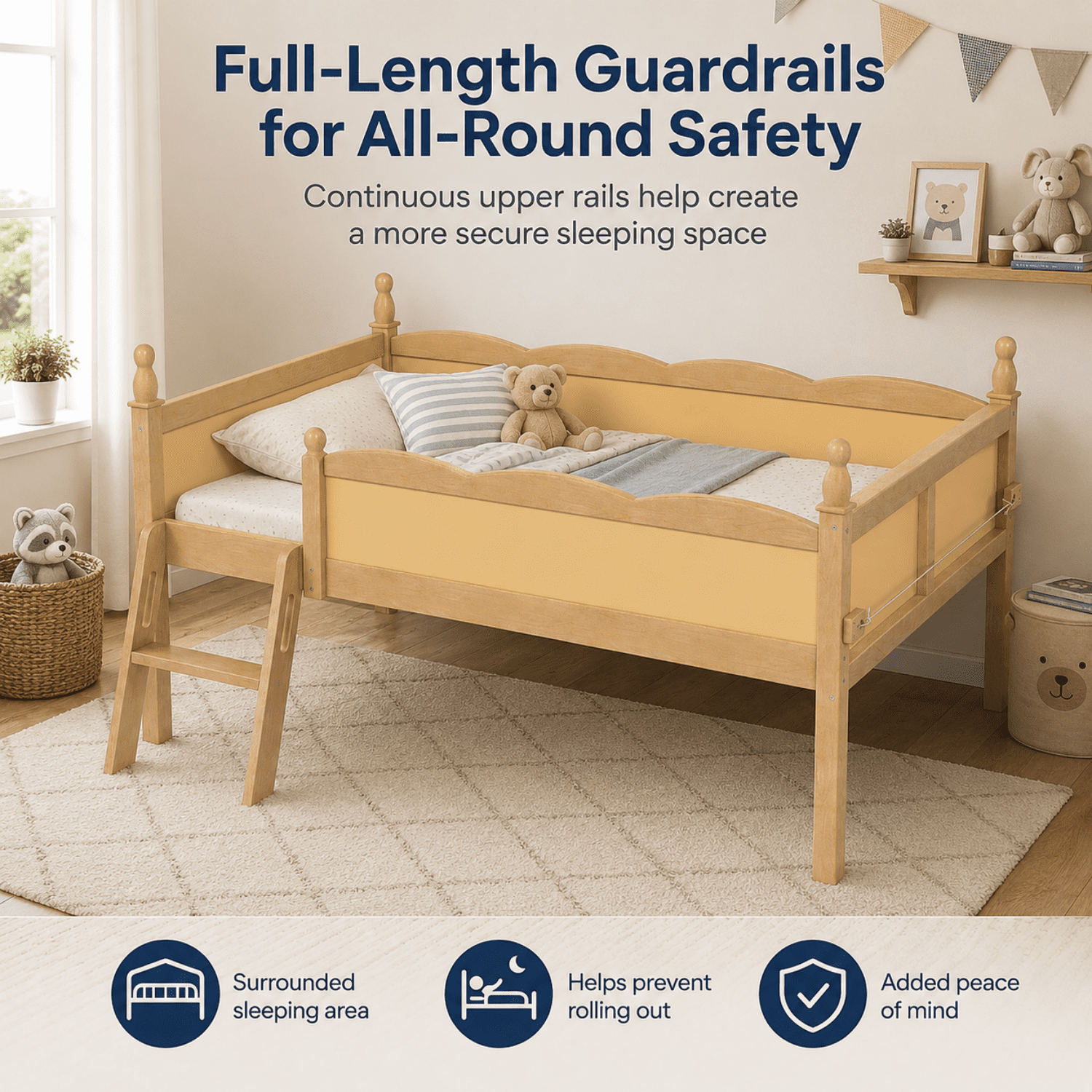 Miniyam Twin Low Loft Bed with Bookshelf and Guardrails, Wood Kids Bed for Bedroom, Natural