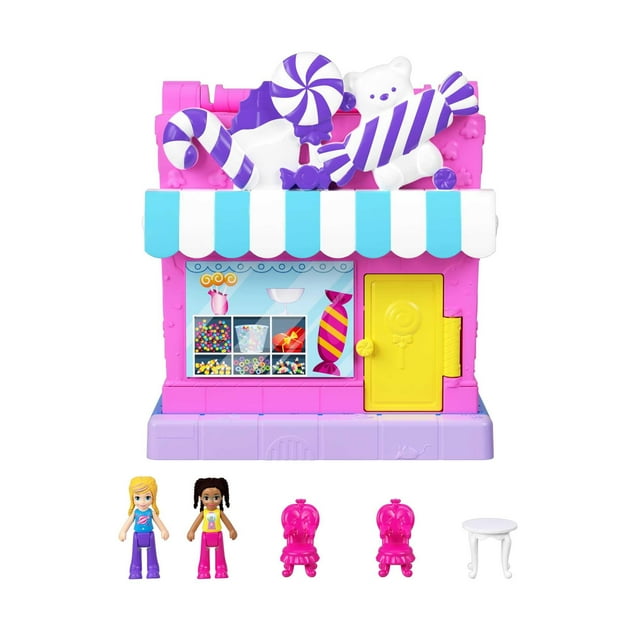 Polly Pocket Pollyville Juego de Muñecas y Juguetes de Tienda de Dulces Mini Juguetes con 2 Micromuñecas y 3 Accesorios, HNB03