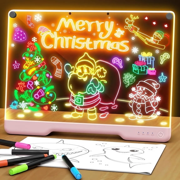 GEOKAY Portable LED Drawing Board, 16-inch Rechargeable Doodle Glow Board with 7 Neon Colors, Dry Erase Memo Board with Stand & 5 Markers, Gift for Kids/Classroom/Office (Pink)