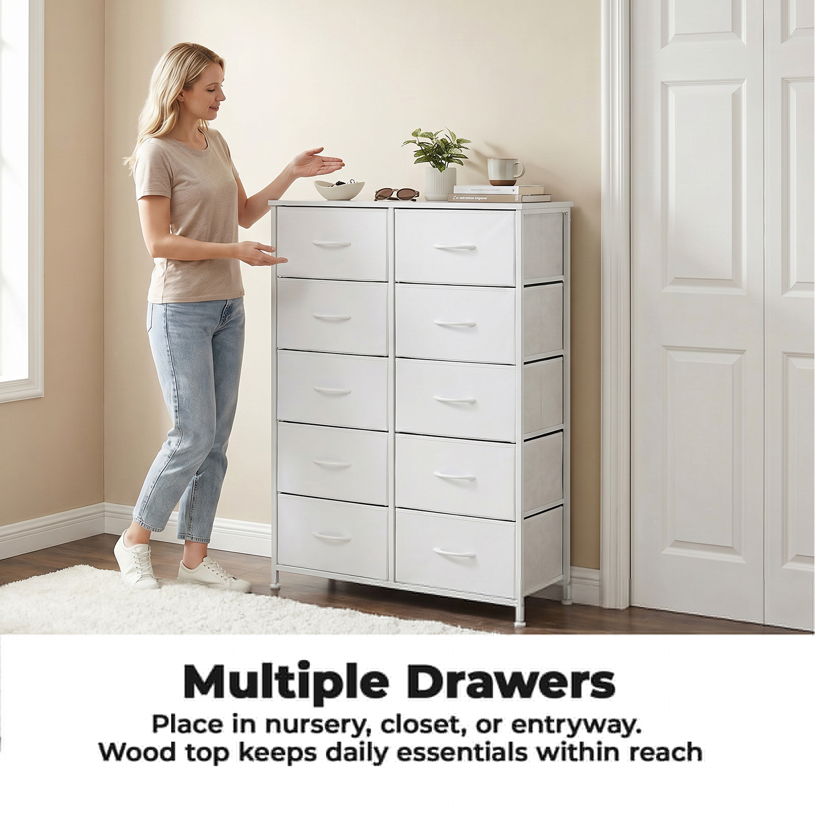 Alvantor Tall Dresser Fabric Storage Tower ,Wooden Top for Kid Room, Closet, Entryway, Nursery