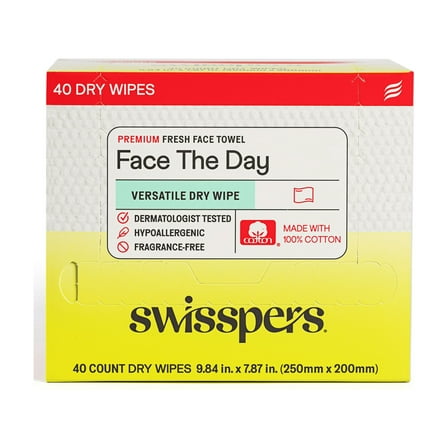 Swisspers Face the Day Dry Wipes, Disposable Facial Towels, Large 100% Cotton Makeup Remover Wipes, Dermatologist-Tested, Hypoallergenic, Soft & Strong, Fragrance-Free, Lint-Free, 40 Count