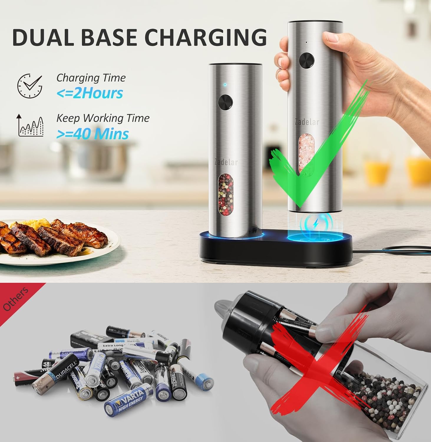 Salt and Pepper Grinder Set Stainless Steel with USB C Dual Charging Base