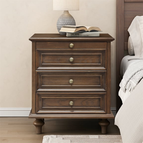Farmhouse Nightstands with 4 Drawer,Wood Storage End Table with Hidden Pull-Out Shelf, Large Side Table with 4 Solid Wood Feet and Metal Handle,Easy Assembly,Walnut Brown