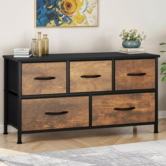 ModFusion 5-Drawer Bedroom Dresser, Fabric Storage Tower with Steel Frame & Wooden Top for Adults