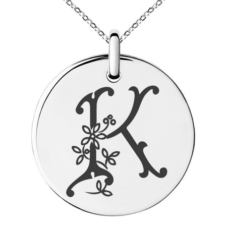 - Stainless Steel Letter K Initial Floral Monogram Engraved Small Medallion Circle Charm Pendant Necklace