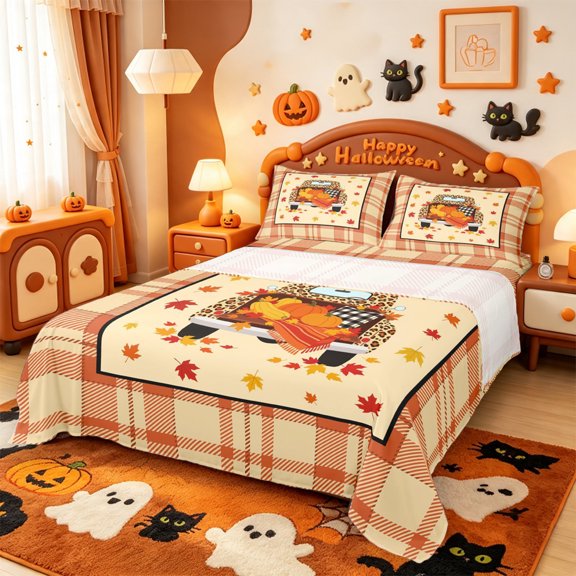 Manfei Leopard Print Farm Car Bed Sheets,Autumn Maples Leaf Full Size Sheets,4pcs,1 Flat Sheet,1 Fitted Sheet and 2 Pillowcases