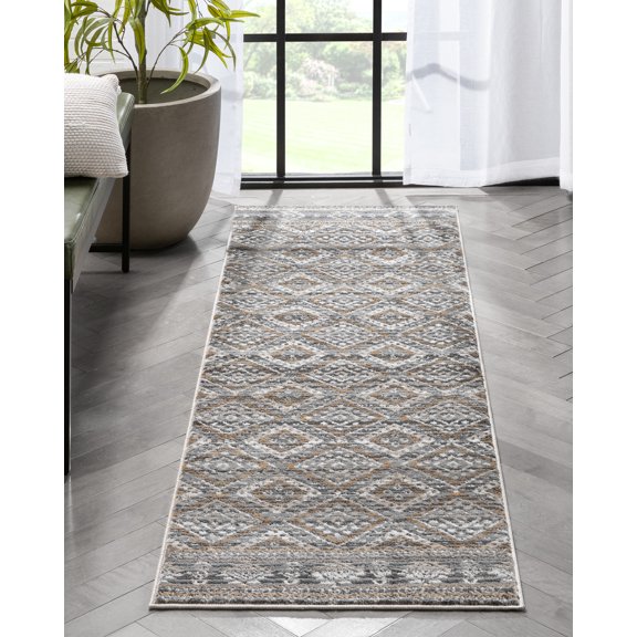 Well Woven Stesha Grey Golden Rust Diamond Border Modern Area Rug 5x7 (5'3" x 7'3")