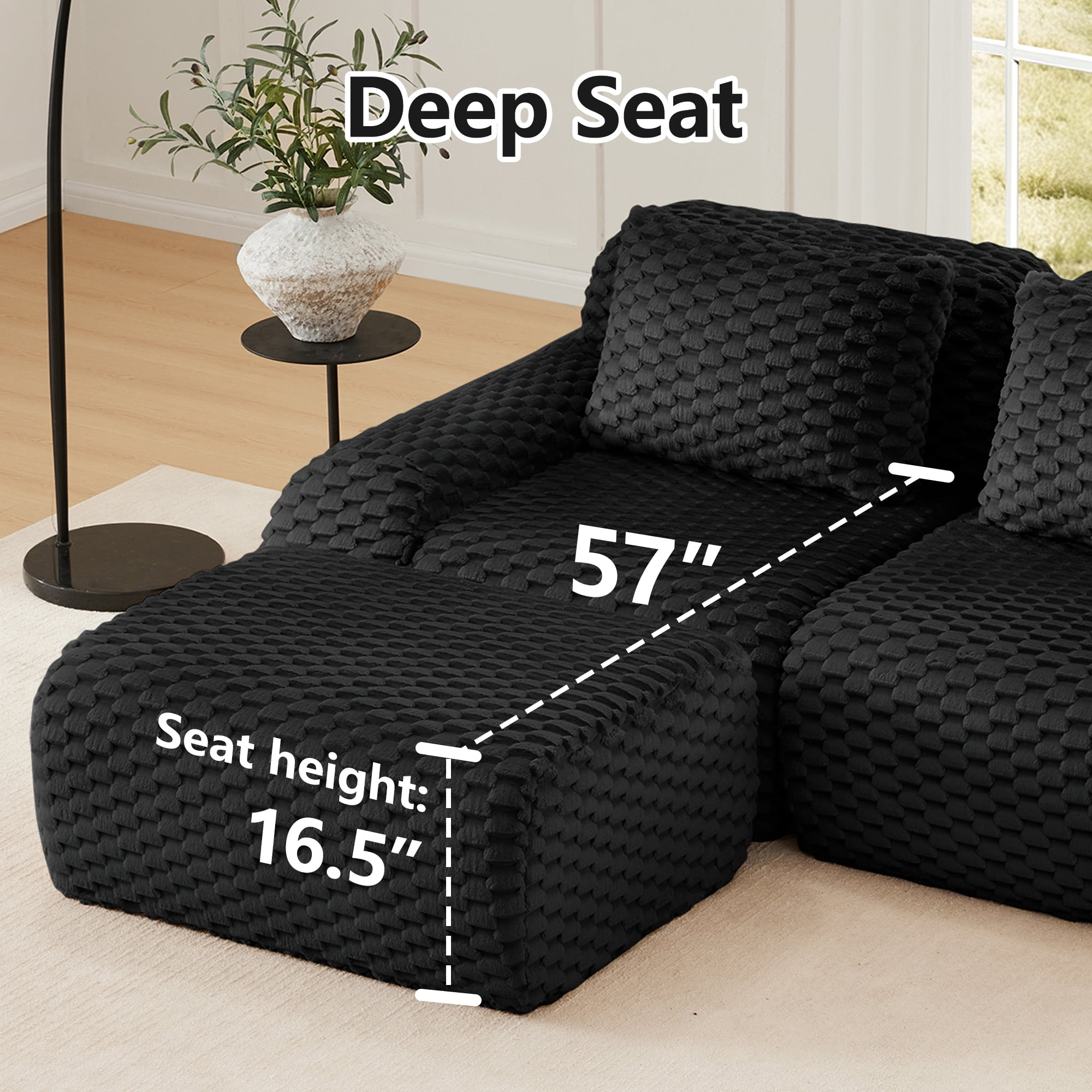 Alvantor 146" Cloud Modular Sectional Sofa with Movable Ottoman, L Shaped Deep Seat Flannelette Boneless Couch for Living Room Bedroom Black