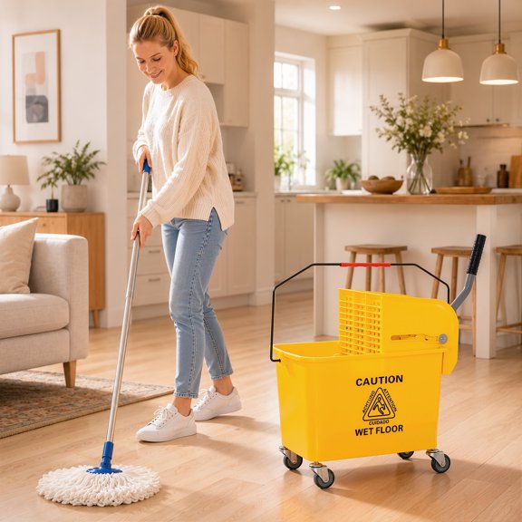 HOMCOM Compact Mop Bucket with Wringer on Wheels for Floor Cleaning, 21 Quart, Separate Dirty and Clean Water, Yellow
