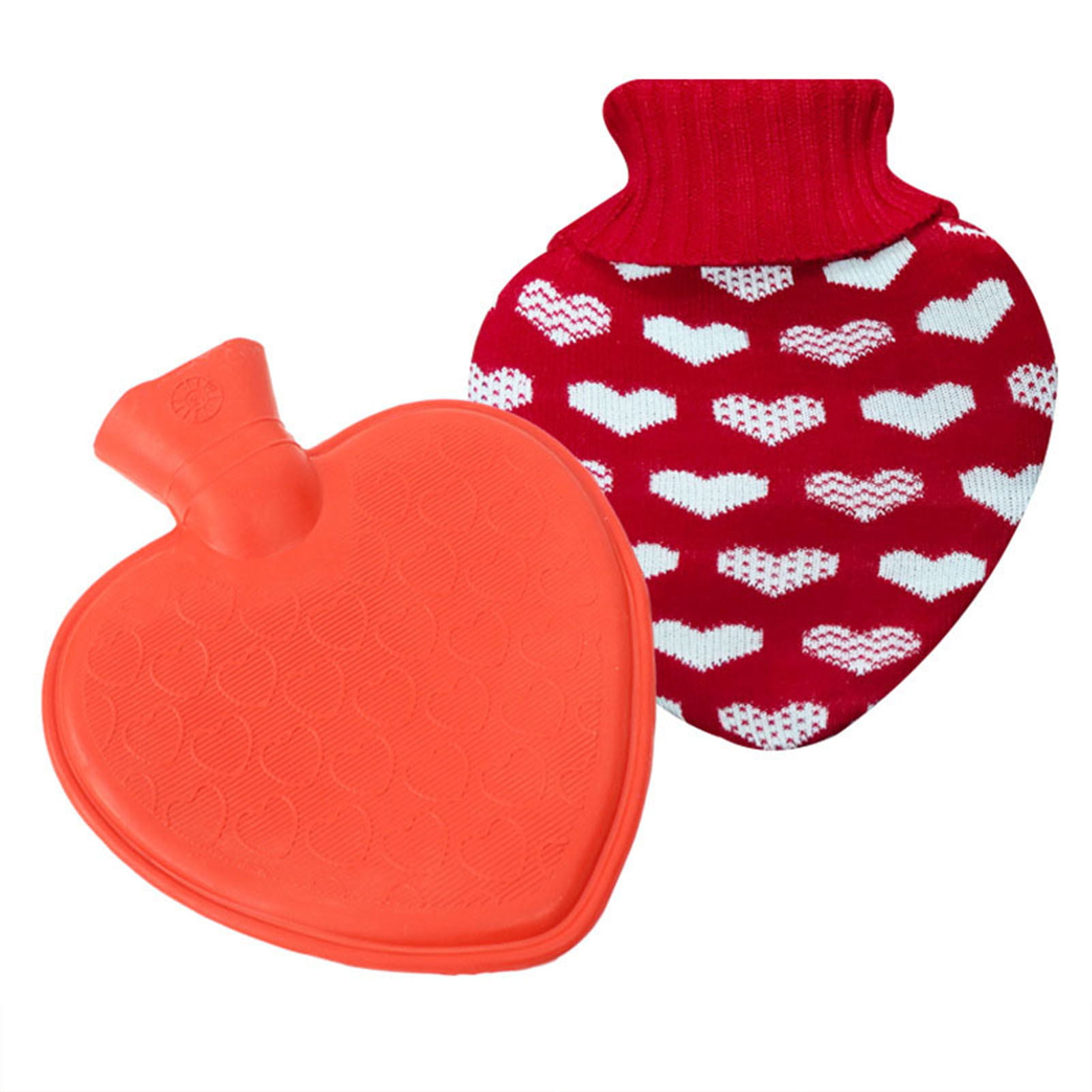 Hot Water Bottle Shaped with Knitted Heart Themed Cover Pocket Hand Warmers 