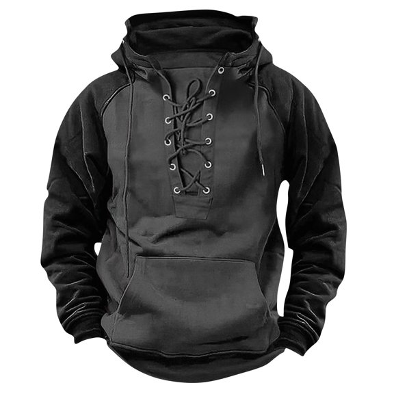 Havenx Mens Military Sweatshirts Lace Up Raglan Long Sleeve Hoodies with Pockets Color Block Hooded Sweatshirts Workout Hiking Outdoor Hunting Fall Winter Athletic Jacket,Gray 2XL