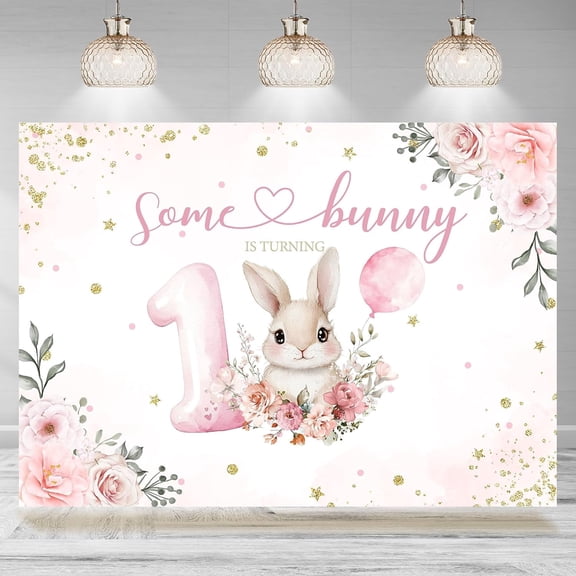 7x5FT 1st Birthday Backdrop Some Bunny is Turning One Photography Background for Girls Floral Golden Dots Spring Easter First Birthday Party Decorations Banner Photo Booth Props