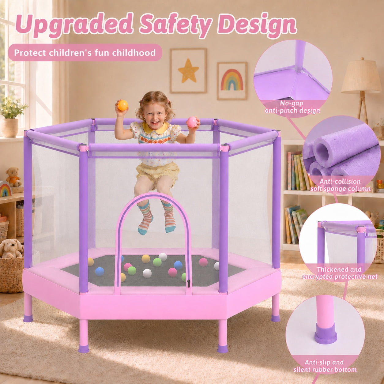 55" Toddler Trampoline with Enclosure Net & Ocean Balls, SHINPT Kids Trampoline for Toddlers Ages 3+, Indoor Trampoline with No Gap Design, Small Trampoline for Kids Room, Living Room, Ideal Gift