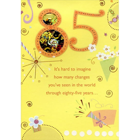 Designer Greetings Daisies and Star Burst on Bright Yellow Sequin Filled Die Cut Window Age 85 / 85th Birthday Card