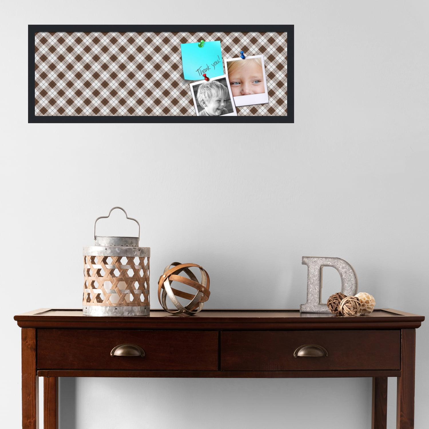 PinPix ArtToFrames 34x10 Custom Cork Bulletin Board Argyle Brown   Poster Board Has a Fabric Style Canvas Finish, Framed in Satin Black (PinPix-631)