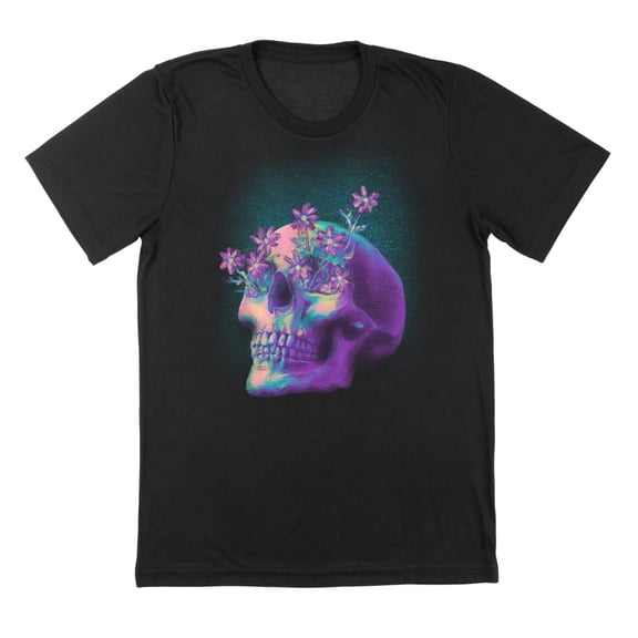Skull Flowers Humor Graphic Black Mens T-Shirt