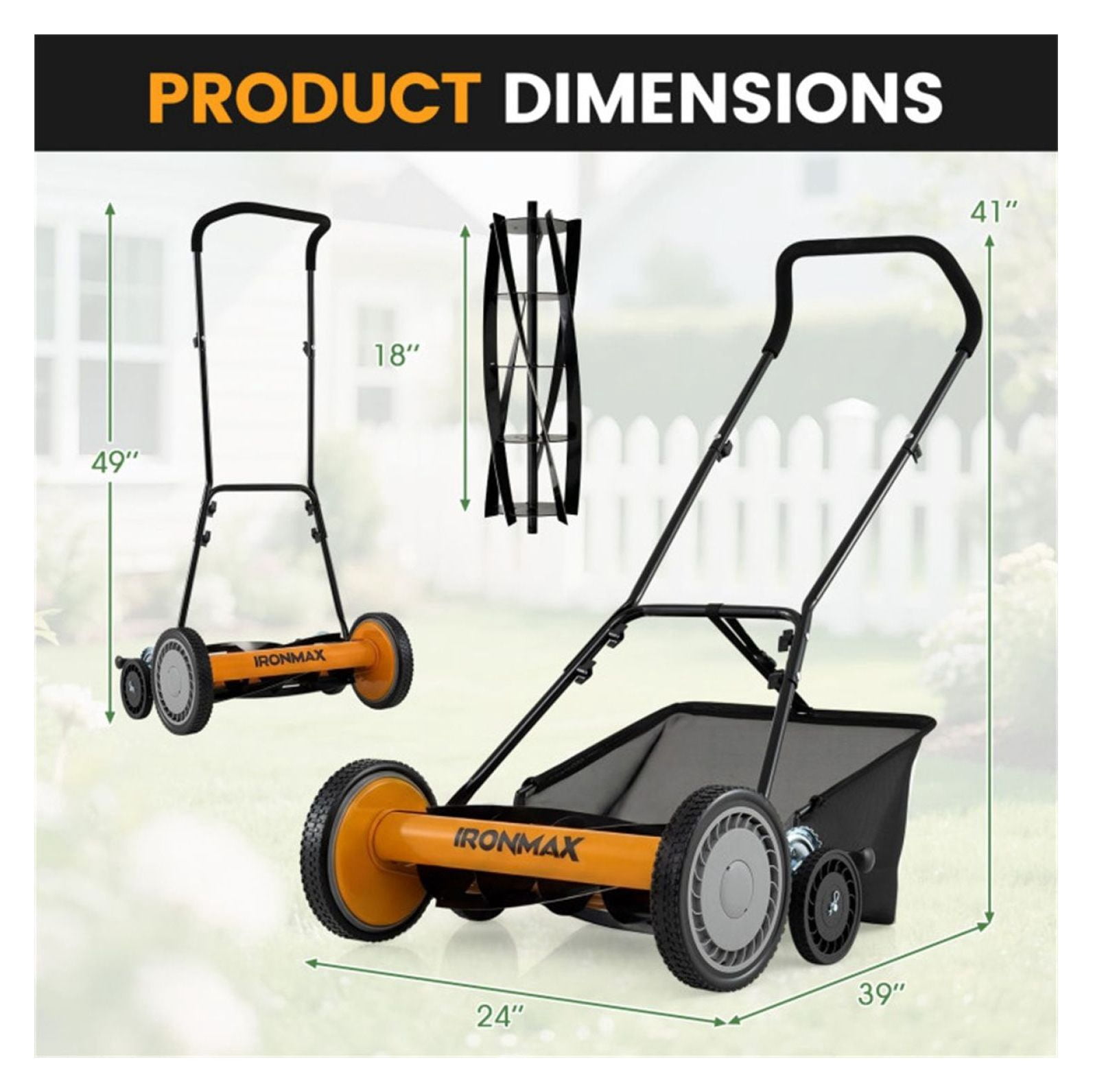 18-Inch Reel Lawn Mower, 5-Blade Manual Walk Behind Mower with Grass Catcher, 4-Height Adjustable Push Mower - Orange