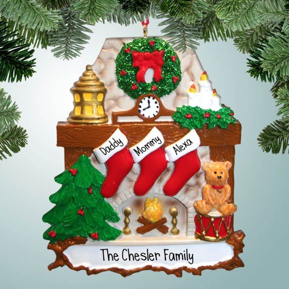 Stockings by Fire with Teddy and Drum Family - 3 - Personalized Christmas Ornaments - Family of 3,4,5 - Fireplace - Mantel - Hanging Socks