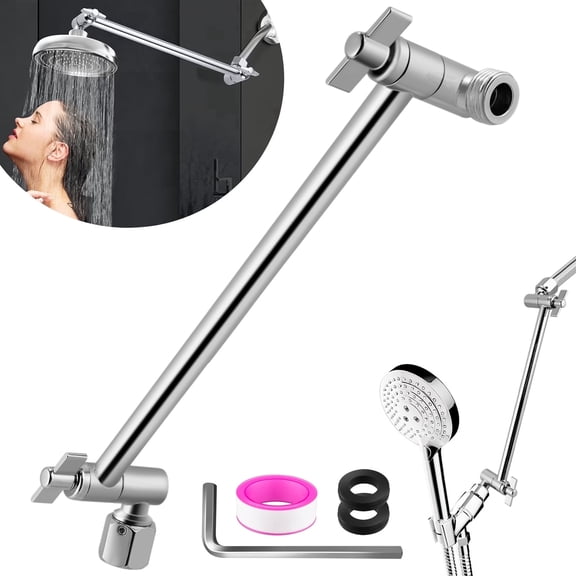 12 Inch Shower Arm Extender, Adjustable Stainless Steel Shower Head Extension Arm with 360 Degree Swivel and Locking Nut, Universal G1/2 Chrome
