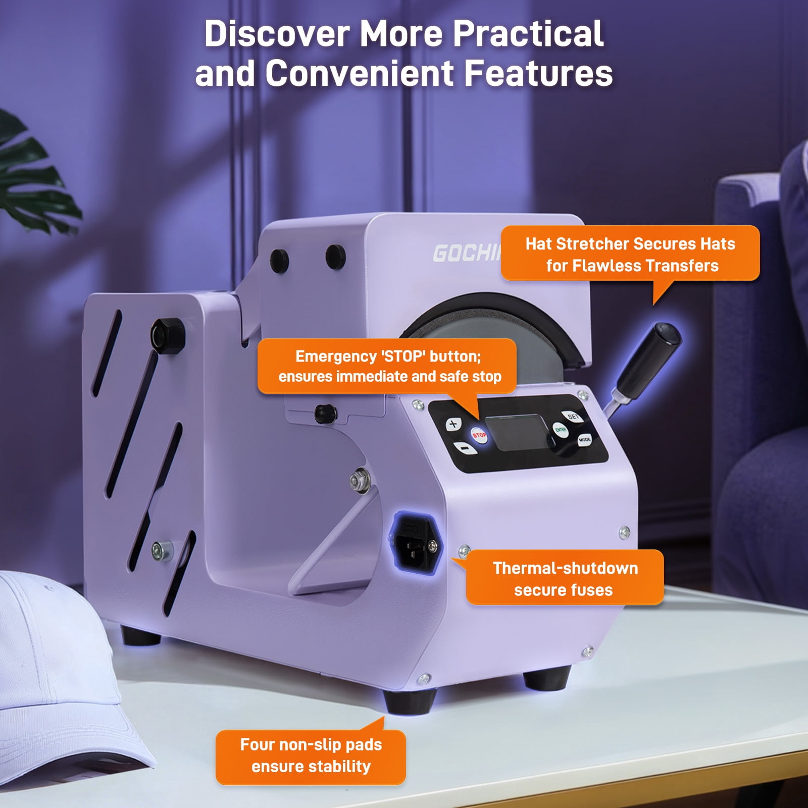 Hat Heat Press Machine,GOCHIFIX Automatic Hat Heat Press with 2pcs Interchangeable Platens for Caps Hats T-Shirts and HTV Iron On and Sublimation Projects,Purple