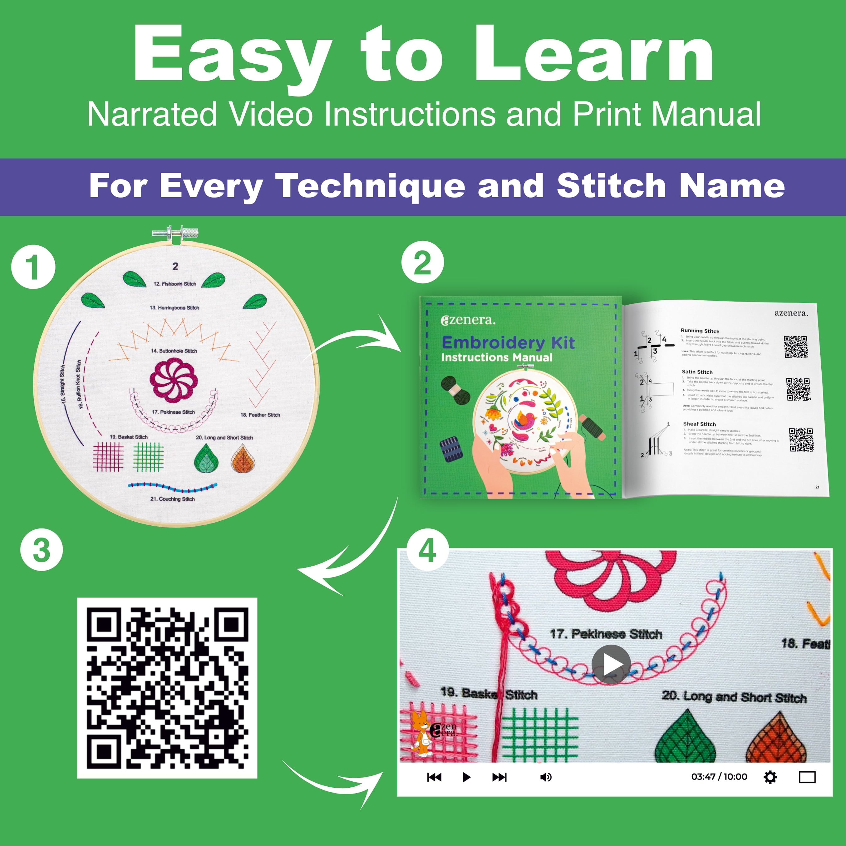 aZenera Embroidery Kit for Beginners - Learn 33 Stitches with Video Instructions, Cross Stitch Tutorials, Hoop, 4 Pattern Designs