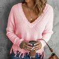 thumbnail image 4 of UJNDER Loose Casual V Neck Pullover Sweater for Women Hem Fringe Solid Color Knit Fall Pink S, 4 of 6