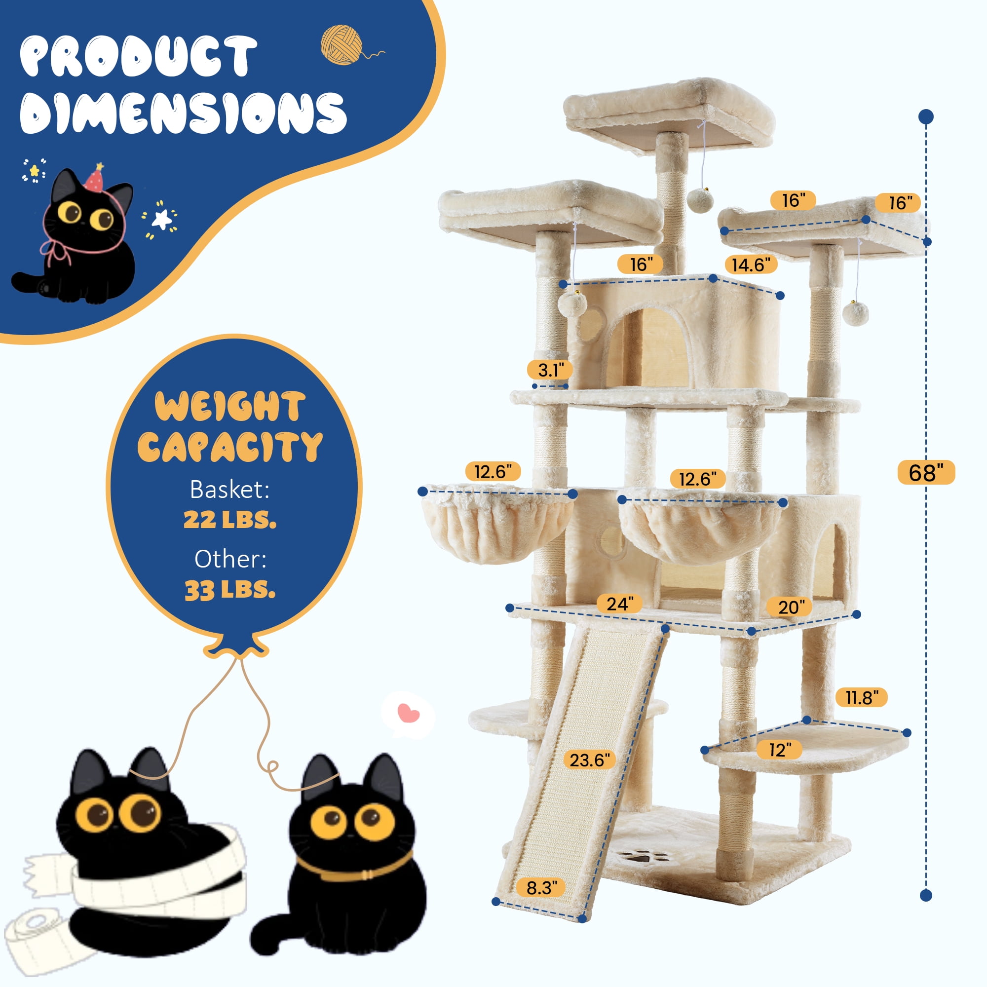 Allewie 68" Multi-Level Large Cat Tree and Tower with Cat Condo House, Scratching Posts & Board, Beige