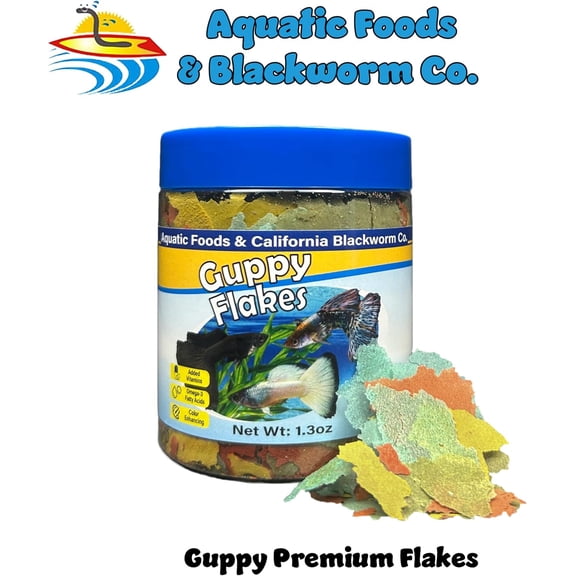 Guppy Flakes, for Guppies, Endler Guppies, Mollies, Platys, Swordtail Fish, All Live Bearer Tropical Fish, Wafer & Pellet Mix Included 1.3oz Canister